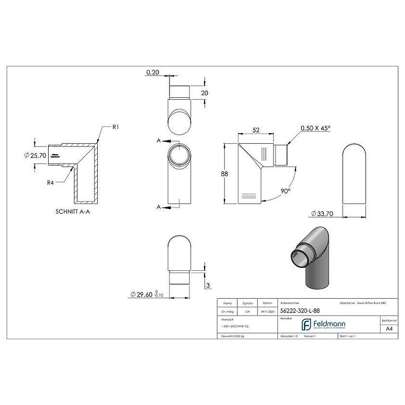 Endbogen 90°, für Rohr 33,7x2,0mm, V2A