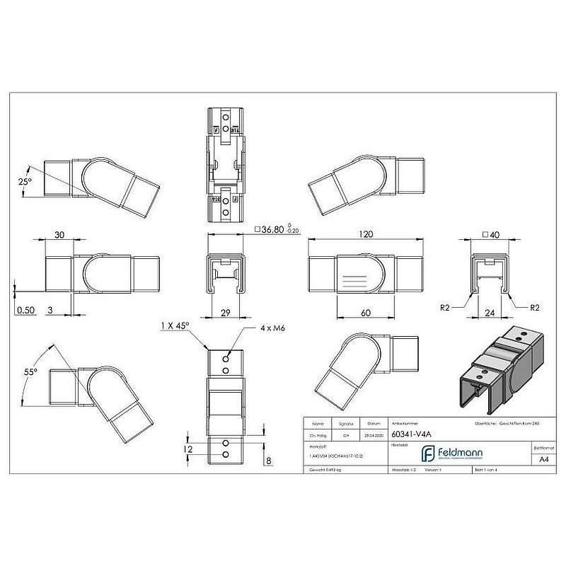 Verbinder flexibel für Quadratnutrohr 40x40mm, V4A