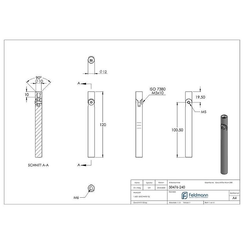 Stift Ø 12mm, L: 120mm, mit Innengewinde, V2A