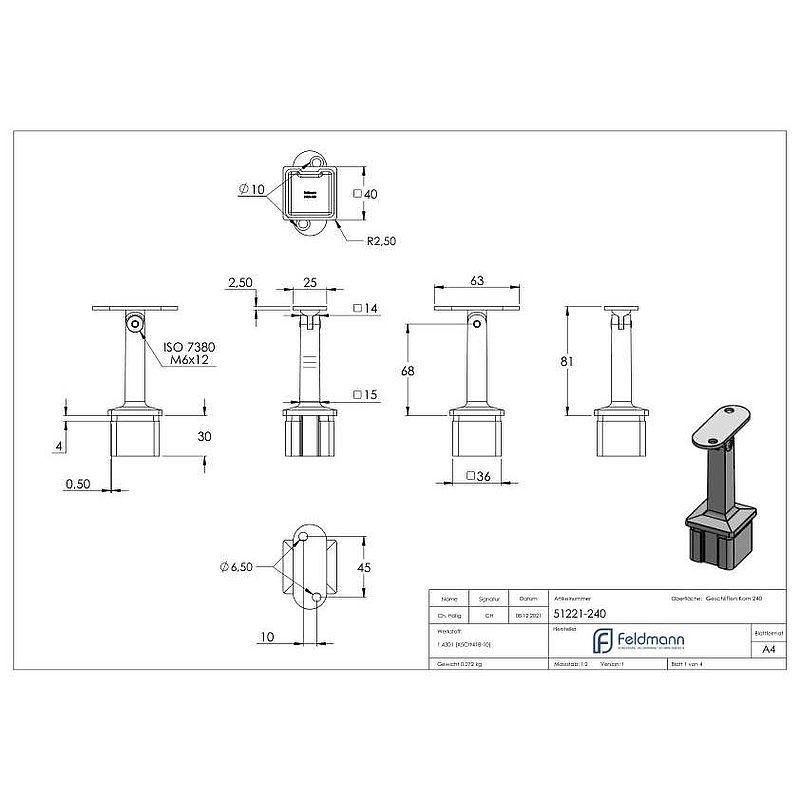 Rohrabschlussstopfen mit Gelenkstift für Rohr 40x40x2mm, V2A