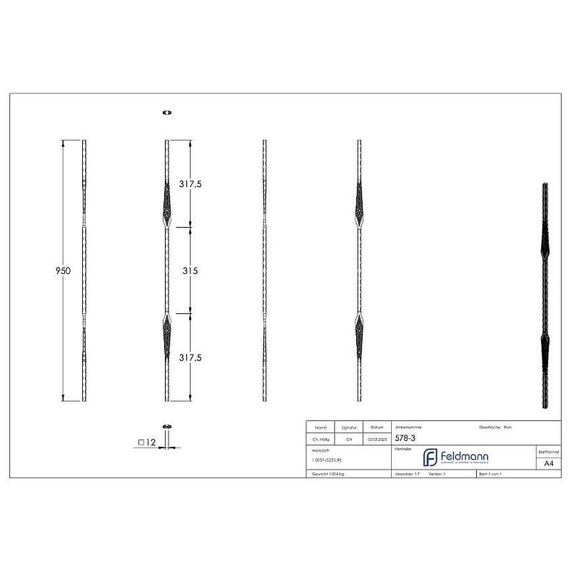 Zierstab 12x12mm, geschmiedet, H: 950mm