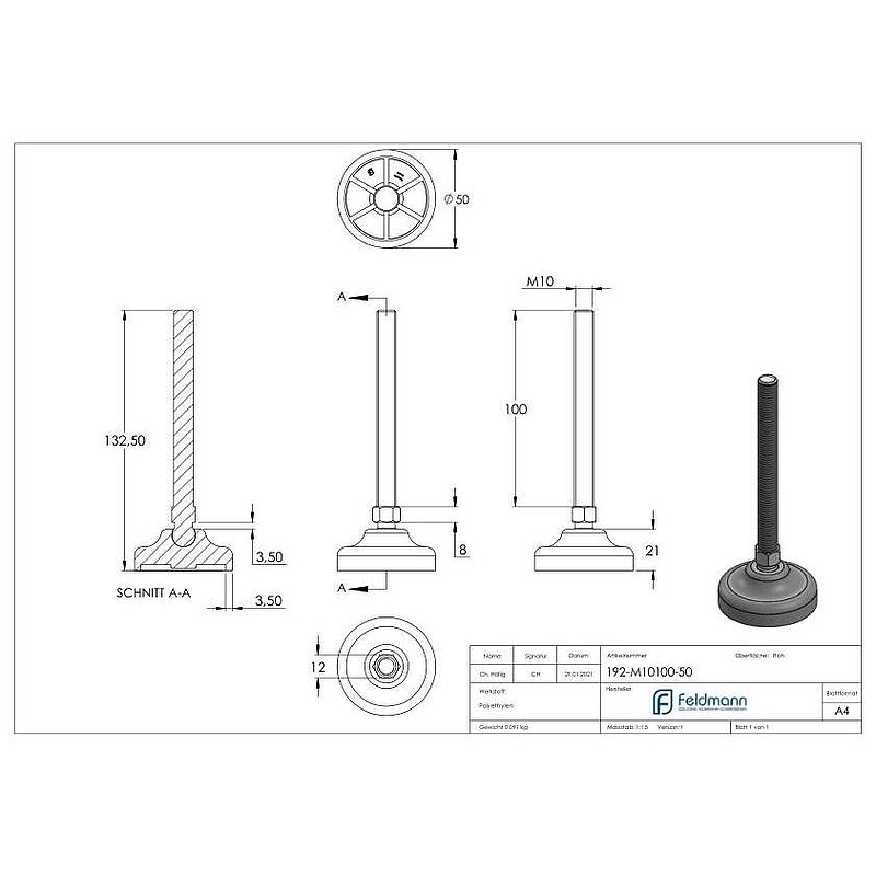 Pied de machine pour charges lourdes M10x100