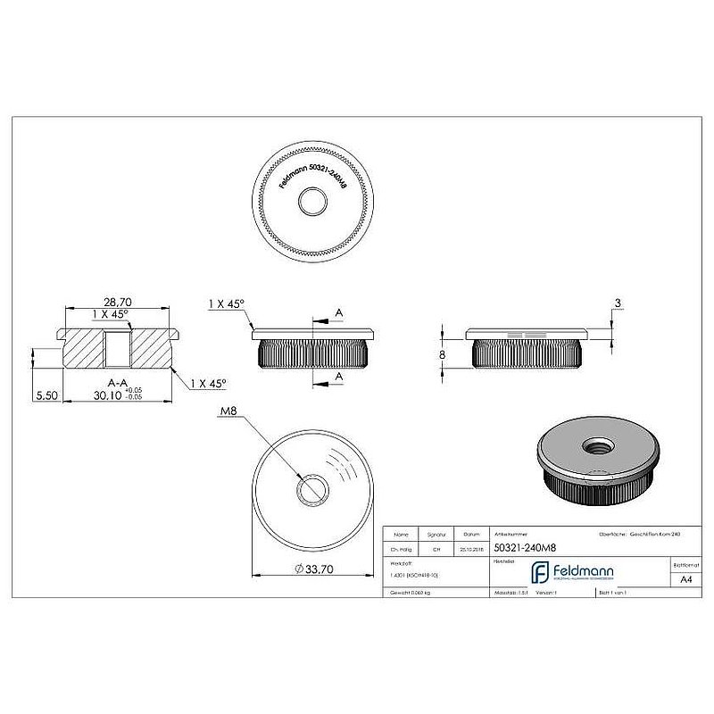 Tube end plug, for tube 33.7x2.0mm, AISI304