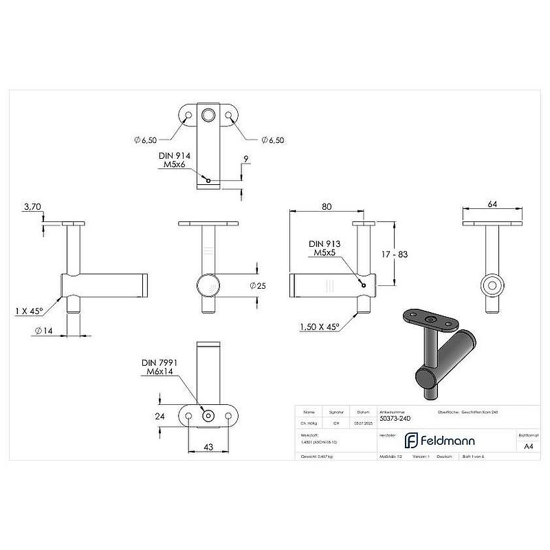 Support mural avec plaque de fixation pour main-courante plate, V2A