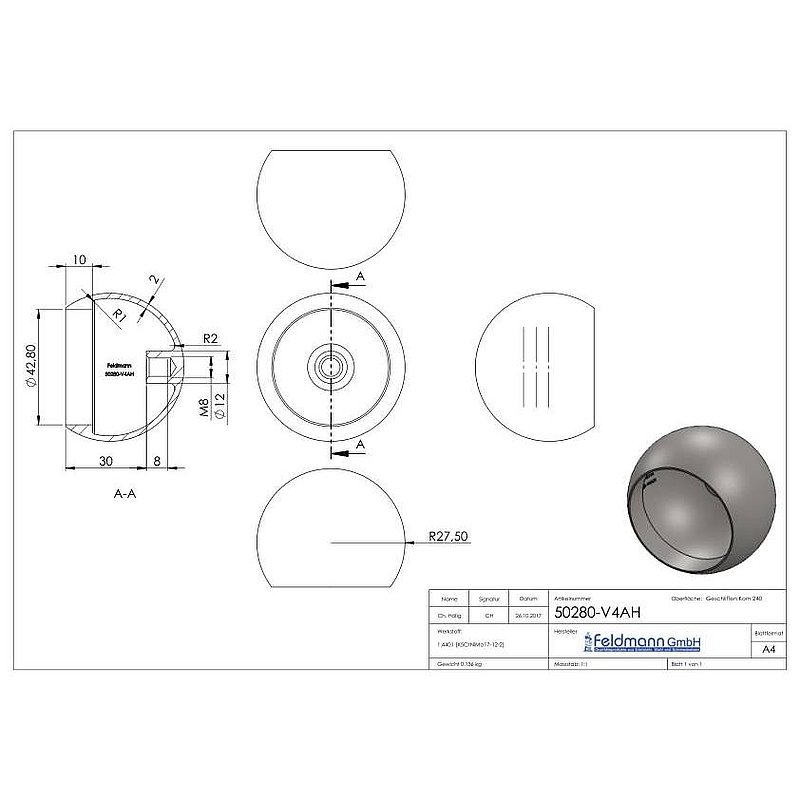 Pipe end ball hollow for 42.4 mm tube, with M8