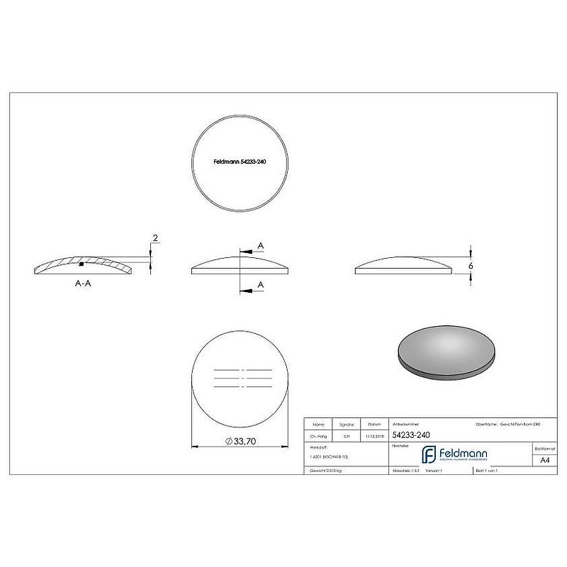 Gewölbte Schale Ø 33,7x2,0mm, H: 6mm, V2A