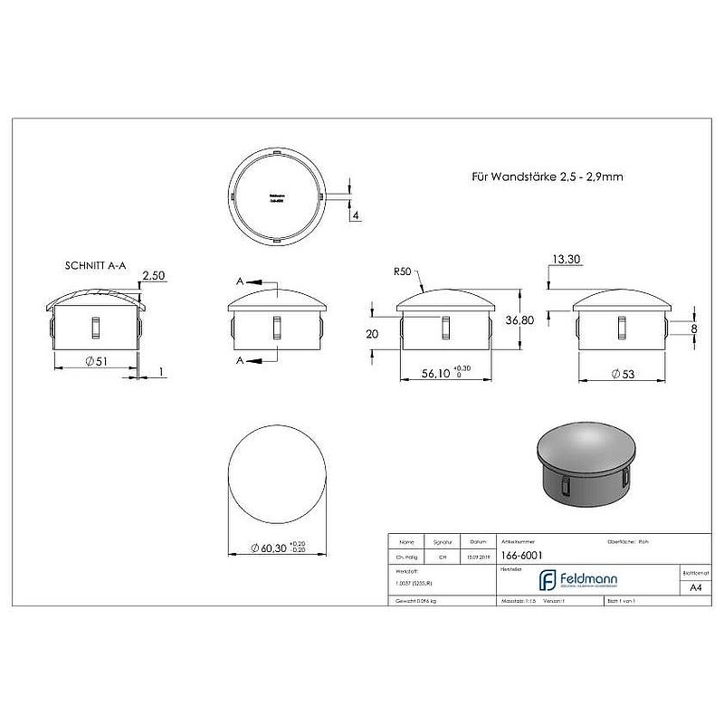 Bouchon en acier, pour tube 60,3mm