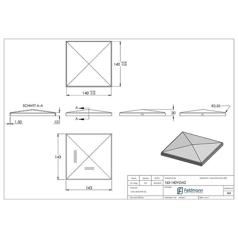 Pyramid cap, for tube 140x140mm, AISI304