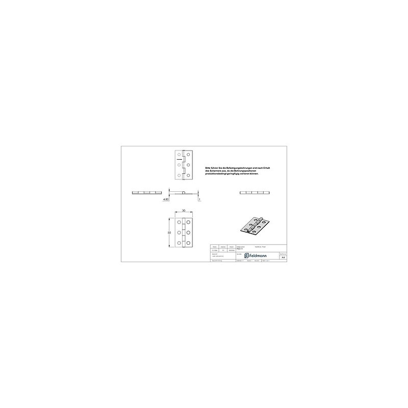 Edelstahl-Scharnier 50x30mm mit festem Zapfen