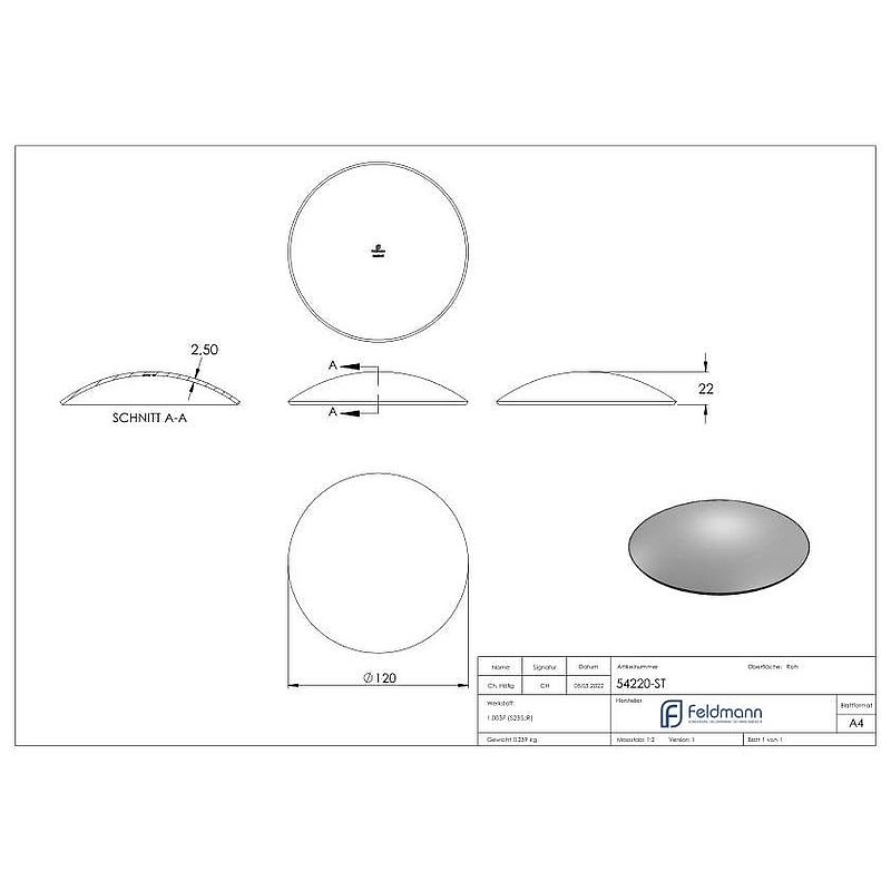 Coquille semi-sphérique 120x2,5mm, H : 22mm