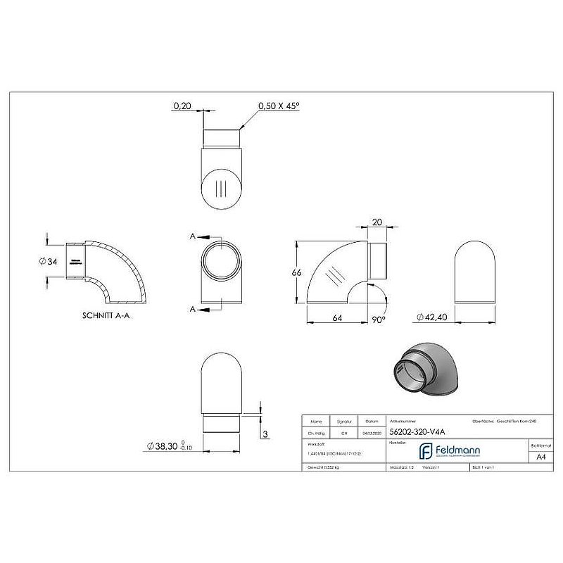 Endbogen 90° flach, für Rohr 42,4x2,0mm, V4A