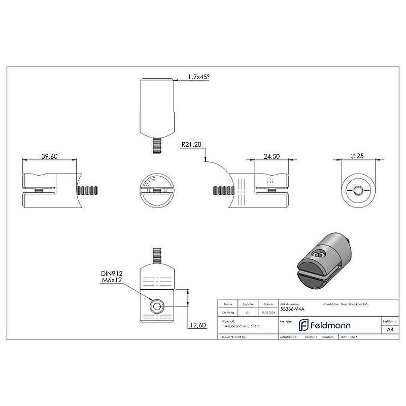 Blechhalter, Ø 25mm, Anschluss: 42,4mm, V4A