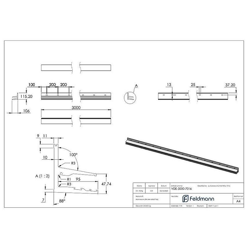 Vordachprofil eleganza canopy, L: 3000mm, RAL7016