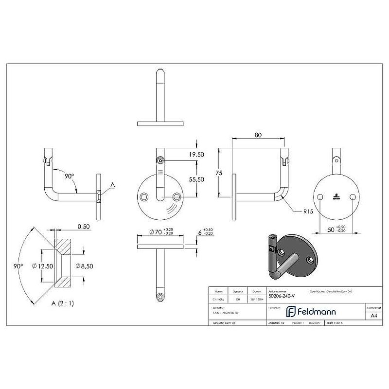 Handrail bracket with joint, top internal thread M6 (round plate and bracket welded), AISI304