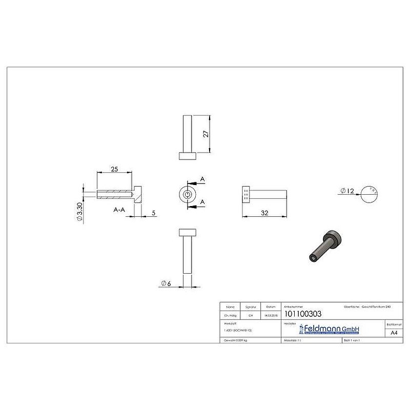 Lens head terminal for self-clinching, AISI316