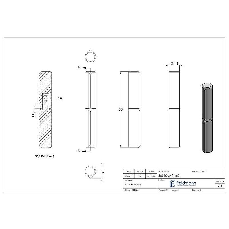 Anschweißband, L: 100mm, mit festem Stift, V2A