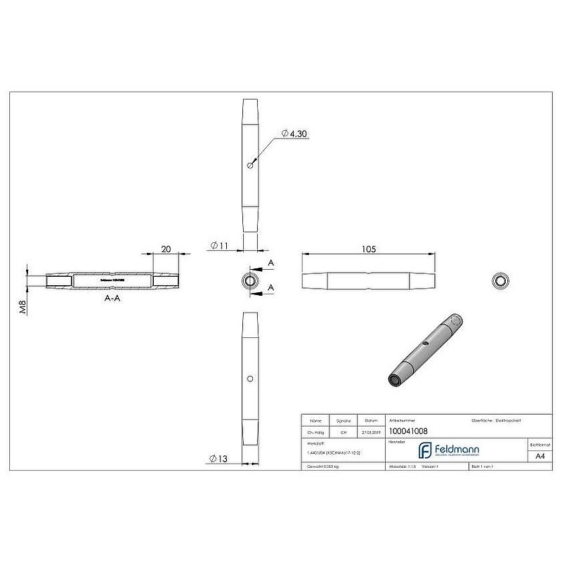 Wantenspanner mit Links- und Rechtsgewinde M8, V4A