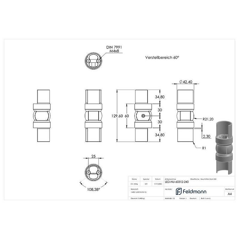 Raccord articulé pour tube à rainure LED 42,4mm, V2A