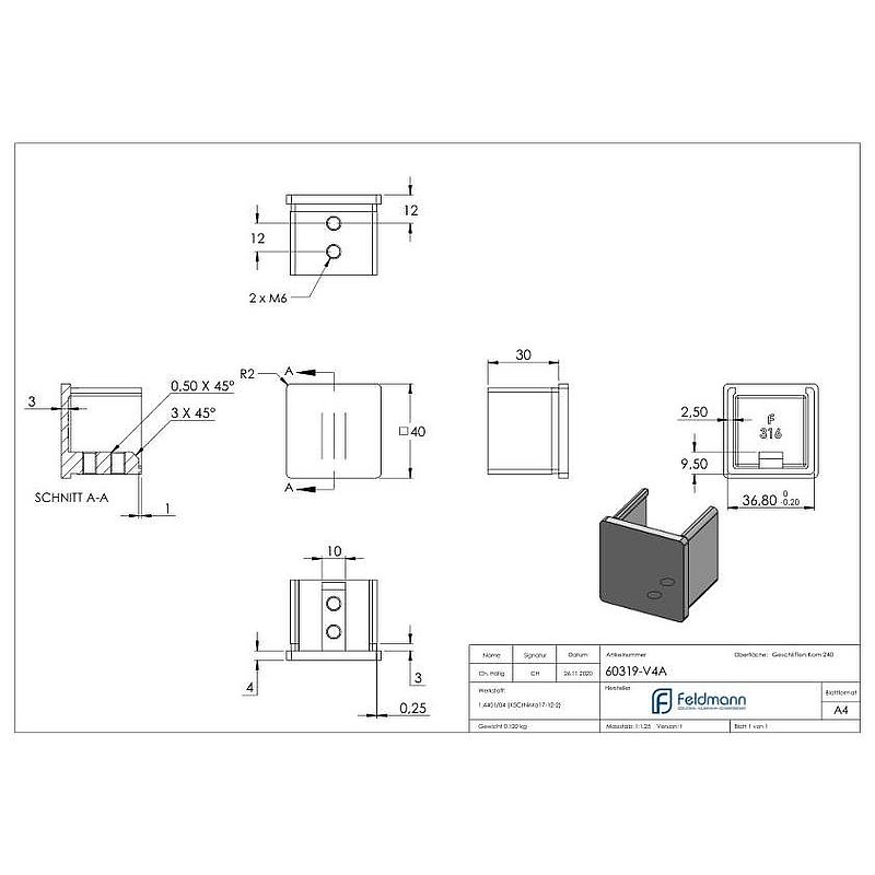 Endkappen, flach, für Quadratnutrohr 40x40mm, V4A