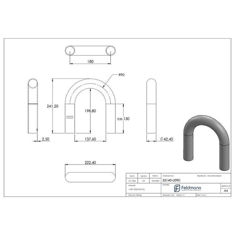 Tube bend 180°, made from 42.4x2.5mm tube, AISI304