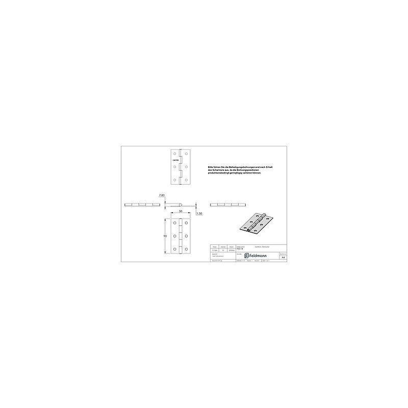 Edelstahl-Scharnier 90x50mm mit festem Zapfen