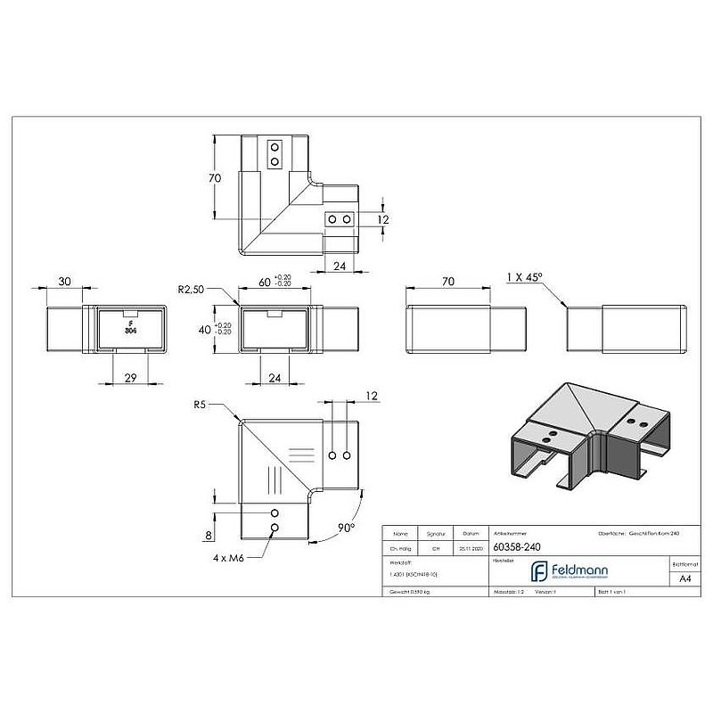 Horizontal corner bend for grooved tube 60x40mm, AISI304