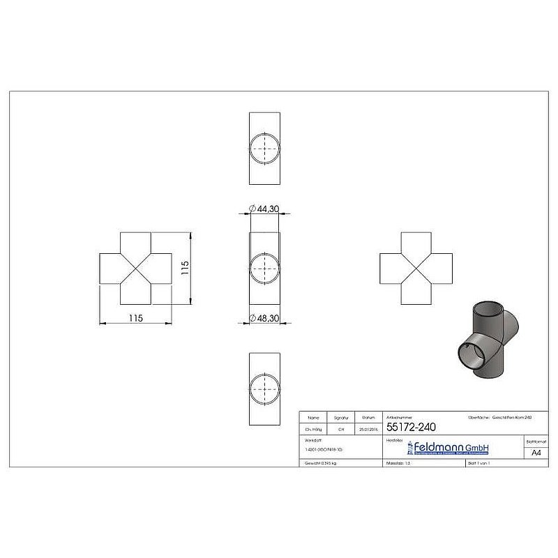 Kreuzstück, 48,3x2,0mm, V2A