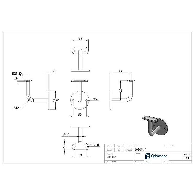 Support mural avec plaque de fixation pour main-courante, 70x4mm