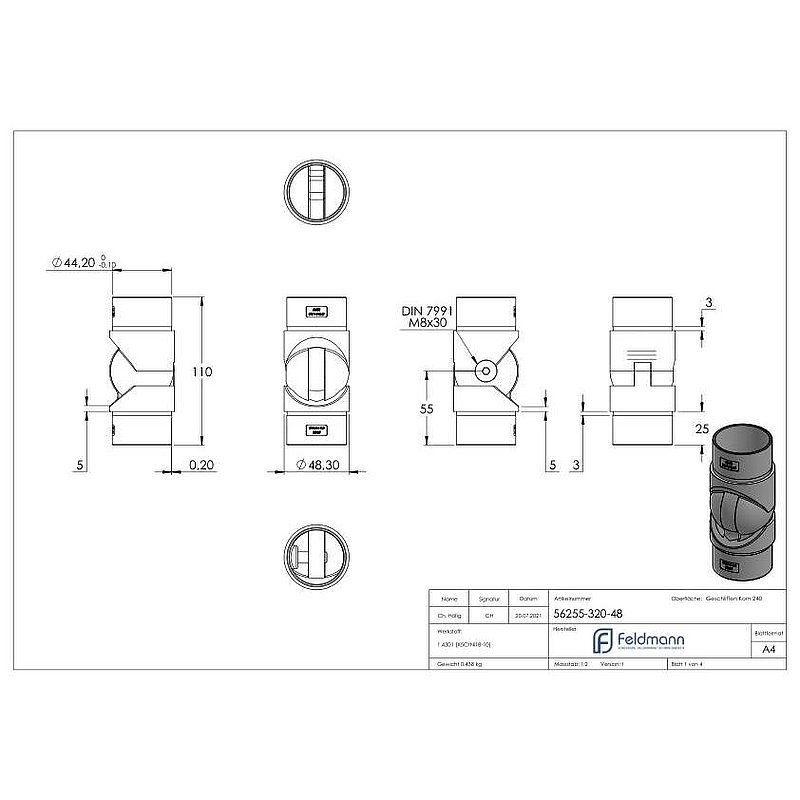 Gelenkstück hohl für Kabel, für Rohr 48,3x2,0mm, V2A