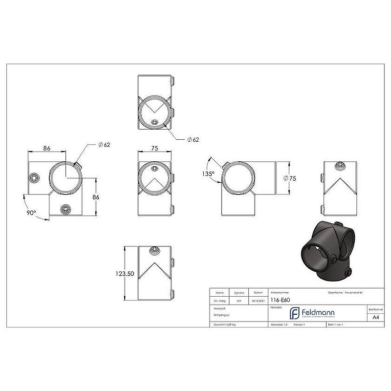Eckstück, für Rohr Ø 60,3mm