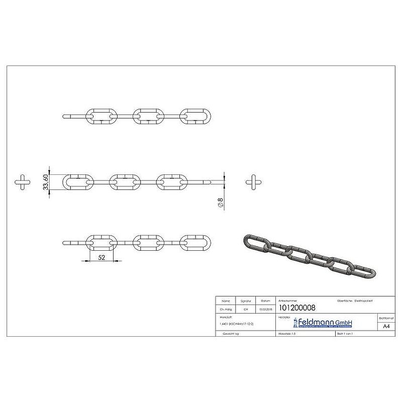 VA-Kette DIN 763, Ø 8mm