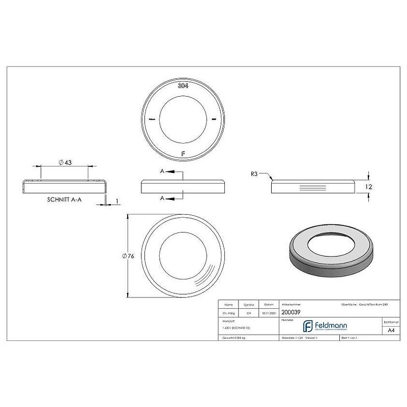Rosace de recouvrement, 76x12mm, perçage Ø 43mm, V2A