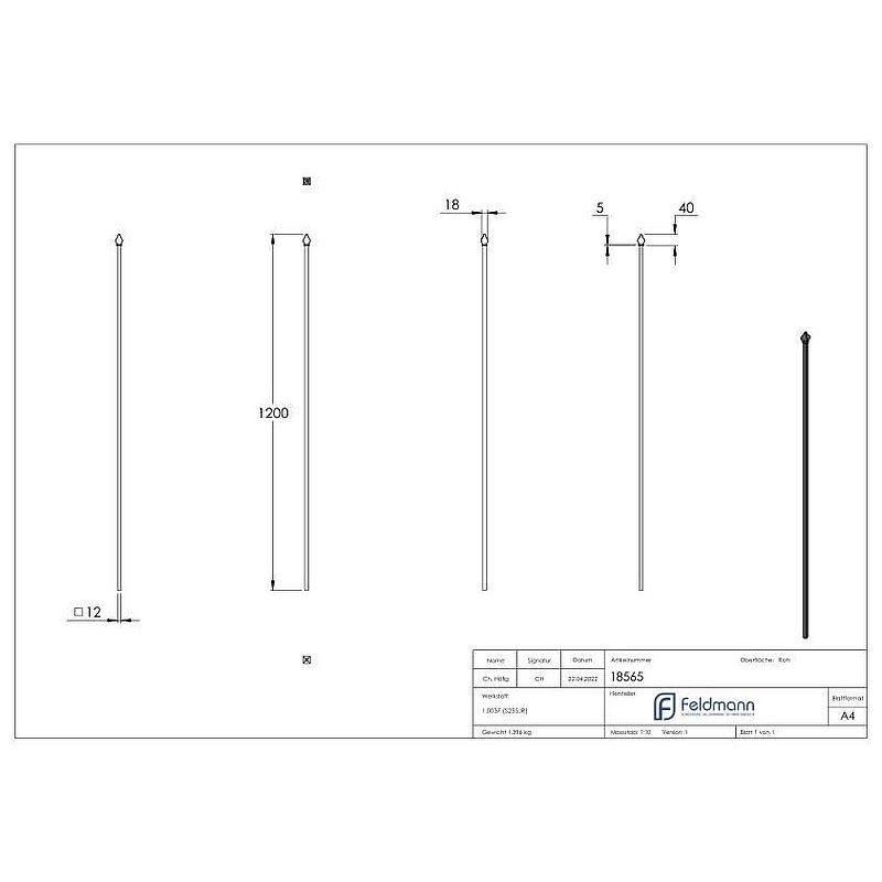 Zaunstab 12x12mm, H: 1200mm, Zierspitze