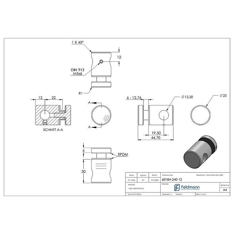 Querstab-Glashalter  Ø25mm für 12mm Rund, für Glas 6-12,76mm, V2A