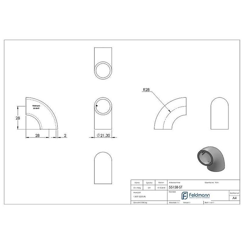 Schweißbogen 90°, 21,3x2,6mm