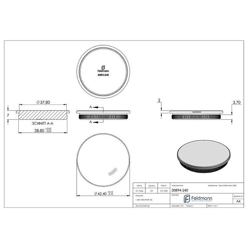 Rohrabschlussstopfen, für Rohr 42,4x2,0mm, V2A