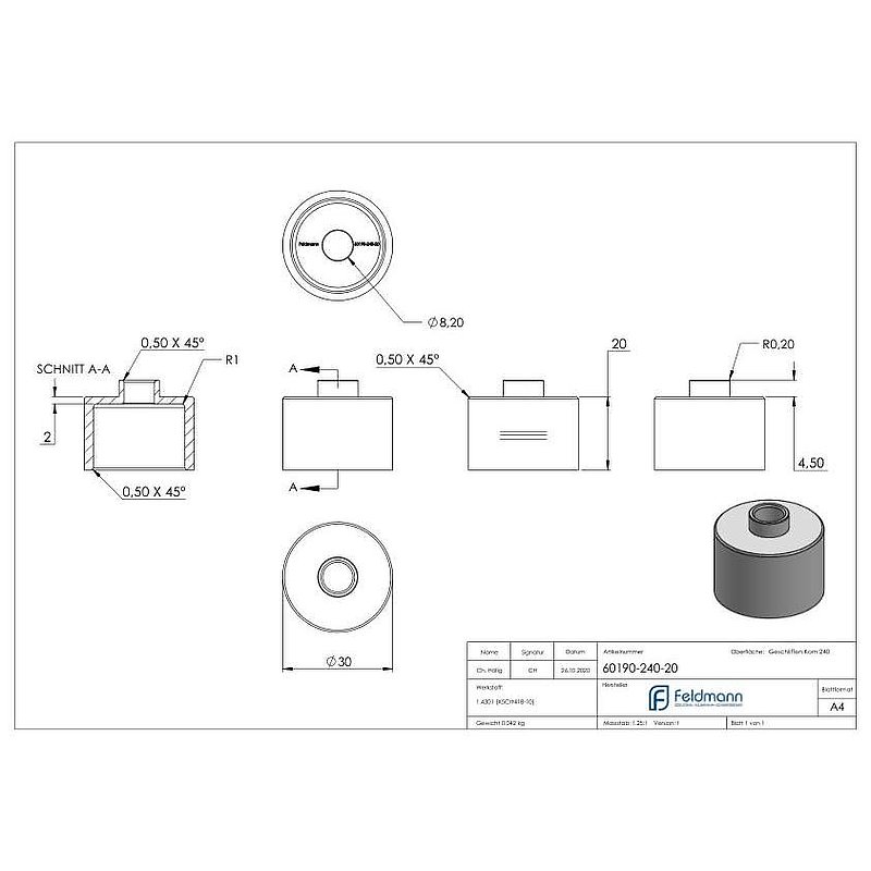 Unterteil Ø 30mm, mit Durchgangsbohrung , T: 20mm, V2A