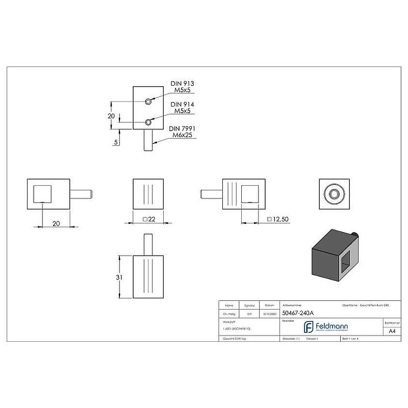 Support de lisse transversale avec raccordement droit pour carré 12x12mm, V2A