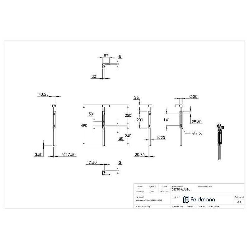 Bodenriegel mit Länge 490mm, zum Anschrauben, blank