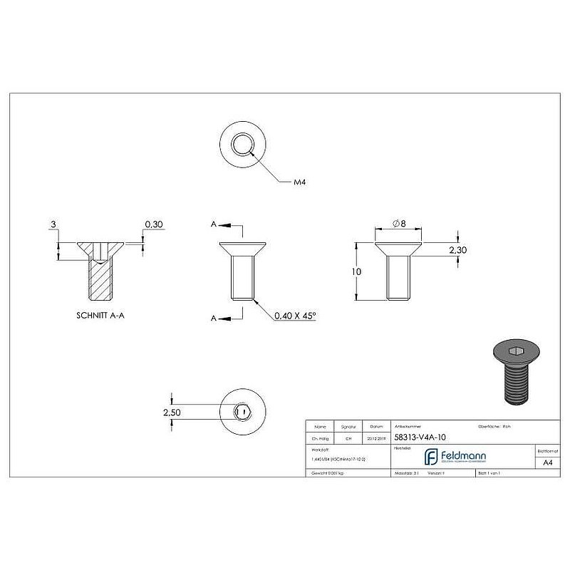 Countersunk head screw M4x10, AISI316, ISO 10642