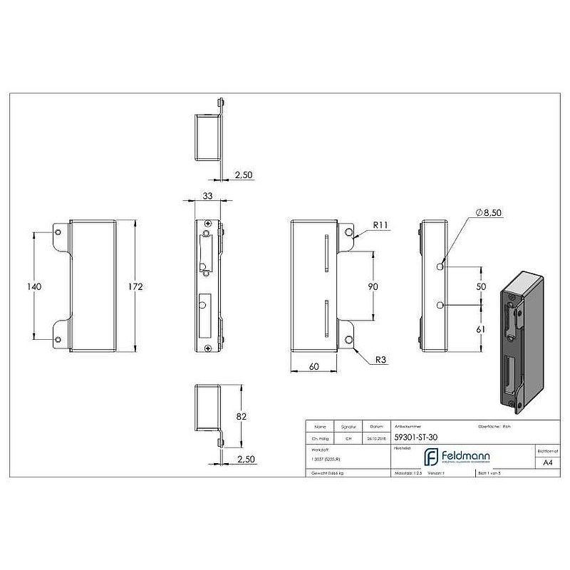 Gâche de serrure rectangulaire, avec entraxe 72mm, à souder, 30mm, acier
