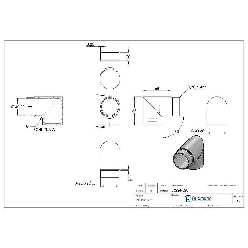 Endbogen 90°, für Rohr 48,3x2,0mm, V2A