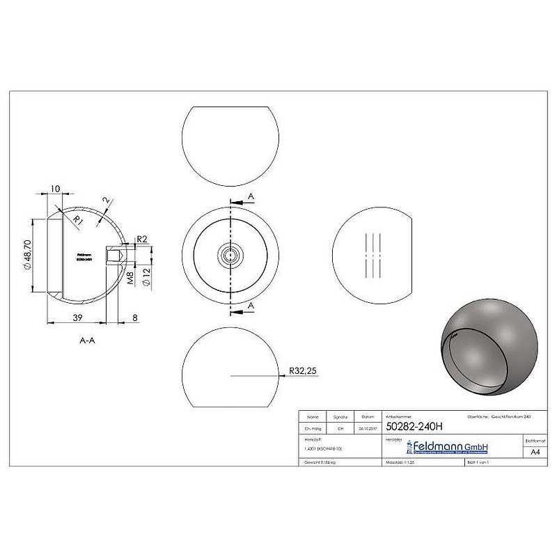 Pipe end ball hollow for 48.3 mm tube, with M8