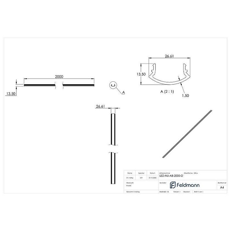 Tube rainuré LED LUNORA®, cache en plastique diffus pour tube rainuré rond 42,4 mm, PMMA L : 2000 mm