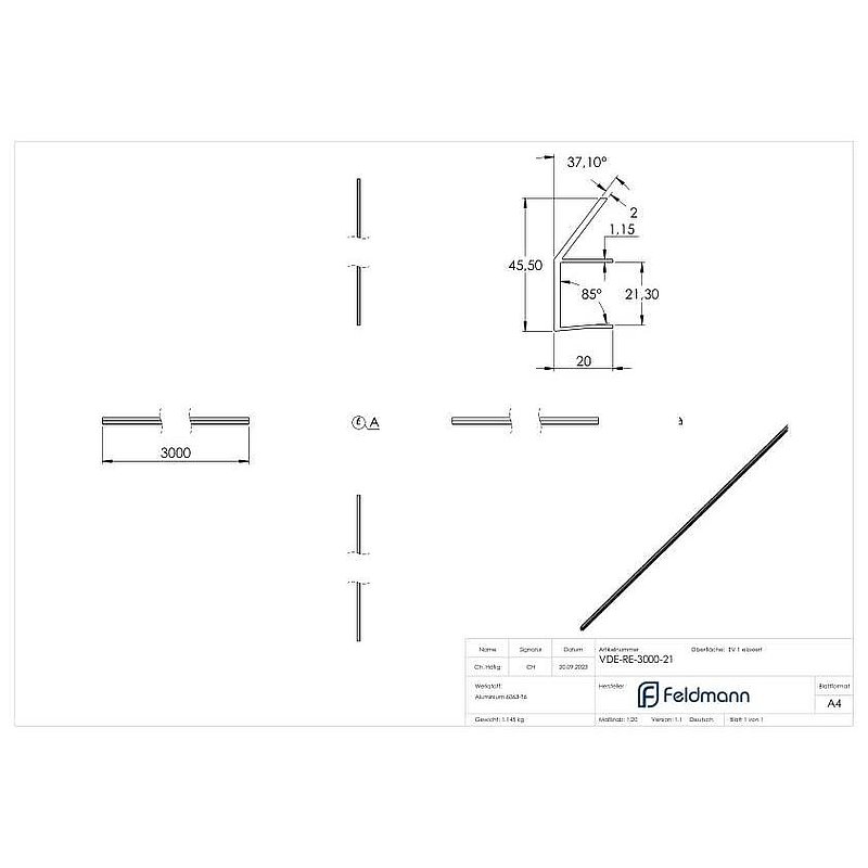 Rain gutter for canopies, glass 21.52mm, L: 3000mm, E4/EV1