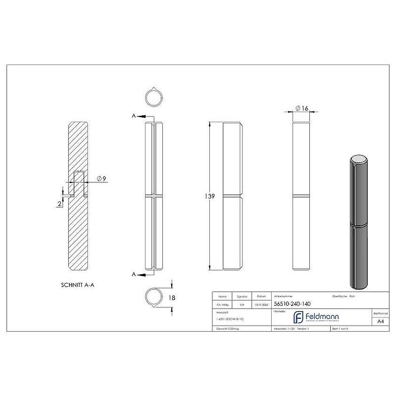 Weld-on strap, L: 140mm, with fixed pin, AISI304