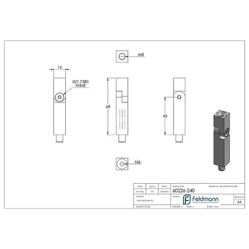 Tige articulée carrée 14x14mm, L: 68mm, V2A
