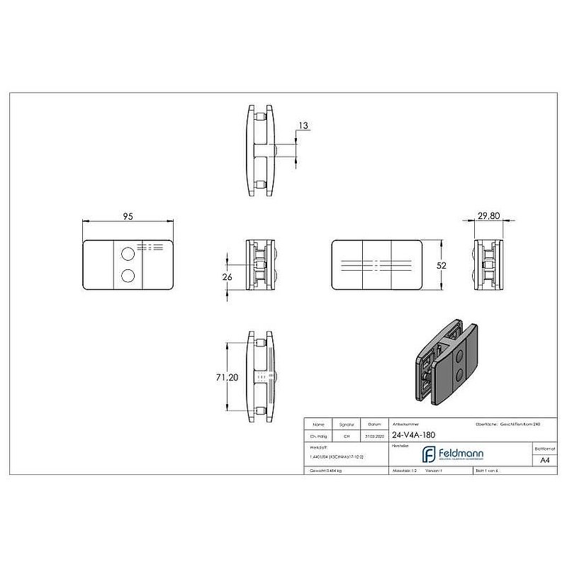 Glass clamp 180° Mod. 24, AISI316