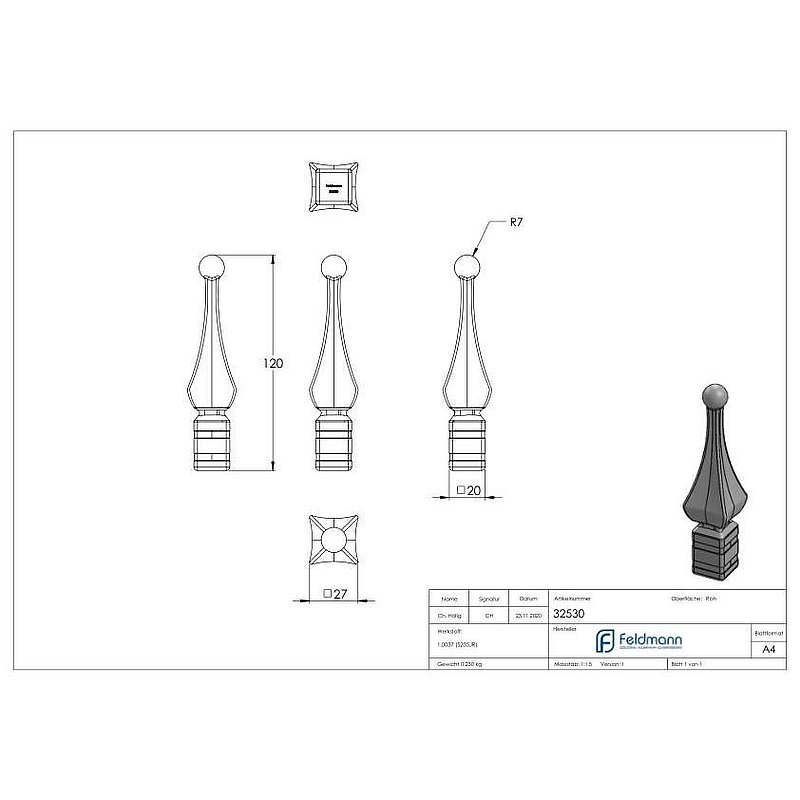 Zaunspitze, Ansatz 20x20mm, H: 120mm
