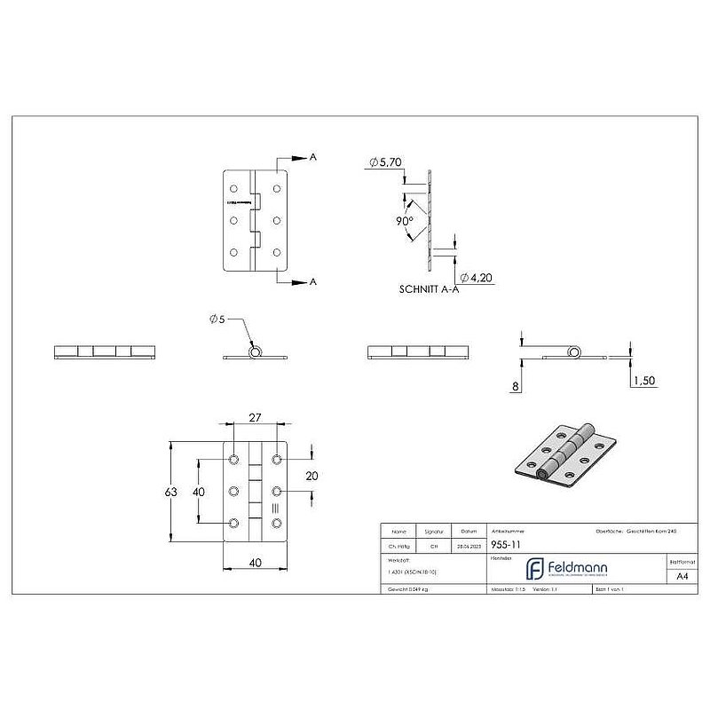 Charnière acier inoxydable 63x40mm avec tige fixe, V2A